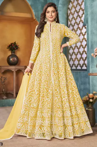 Yellow Cording Heavy Sequins Net Semi-Stitched Pant Style Gown