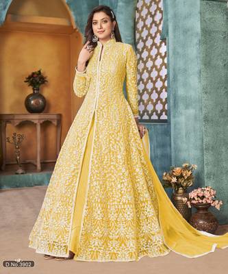 Yellow Cording Heavy Sequins Net Semi-Stitched Pant Style Gown 3