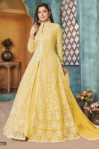 Yellow Cording Heavy Sequins Net Semi-Stitched Pant Style Gown