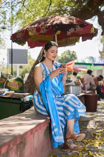blue and white striped a-line design kurta trouser dupatta set