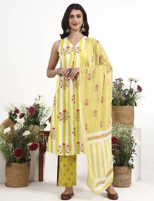 yellow and white striped a-line design kurta trouser dupatta set 1