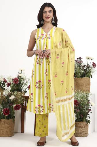 yellow and white striped a-line design kurta trouser dupatta set