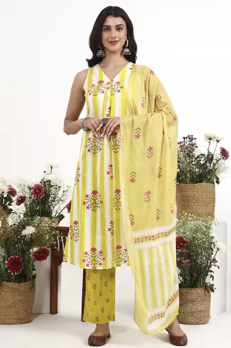 yellow and white striped a-line design kurta trouser dupatta set
