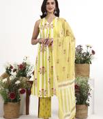 yellow and white striped a-line design kurta trouser dupatta set