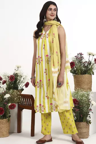yellow and white striped a-line design kurta trouser dupatta set