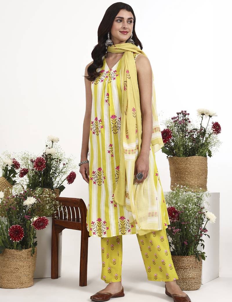 yellow and white striped a-line design kurta trouser dupatta set
