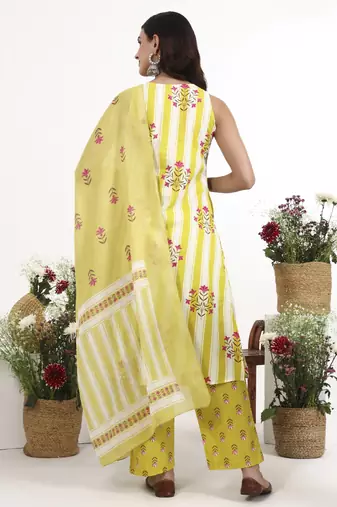 yellow and white striped a-line design kurta trouser dupatta set