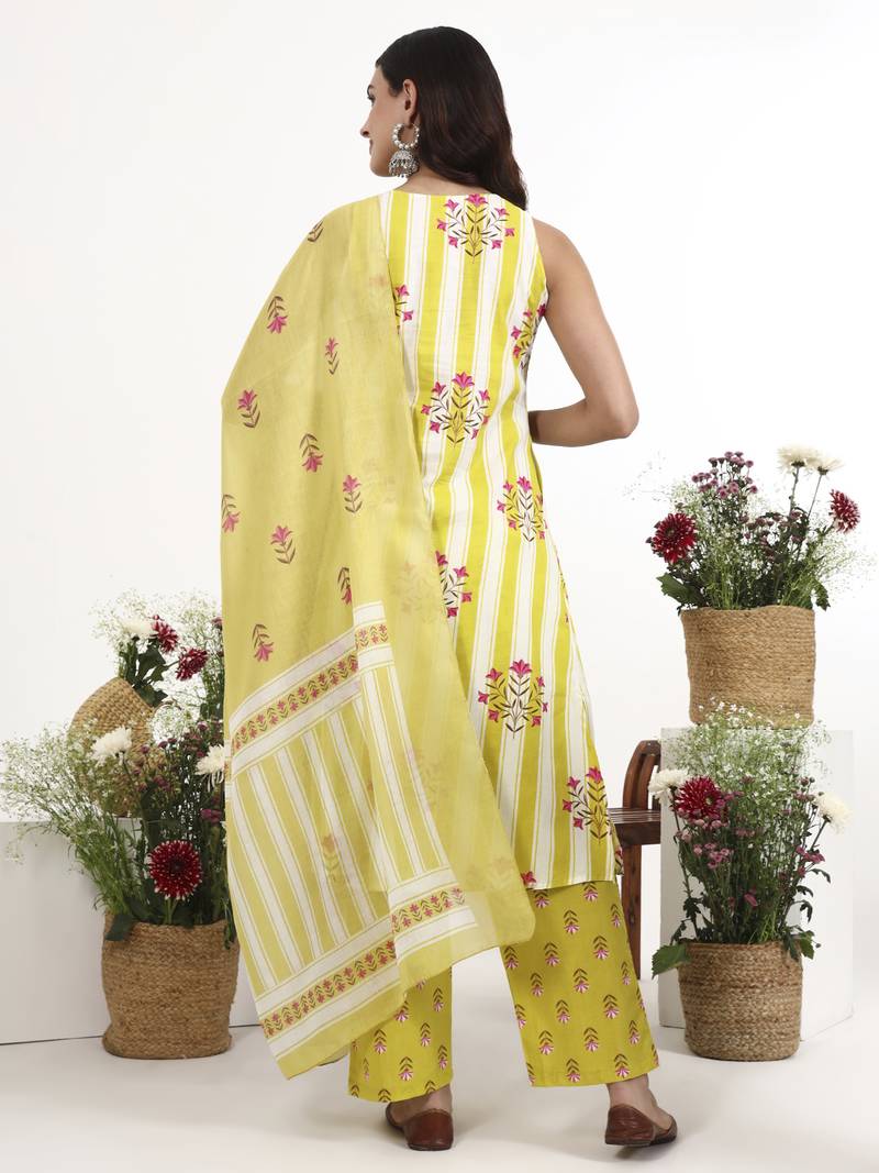 yellow and white striped a-line design kurta trouser dupatta set