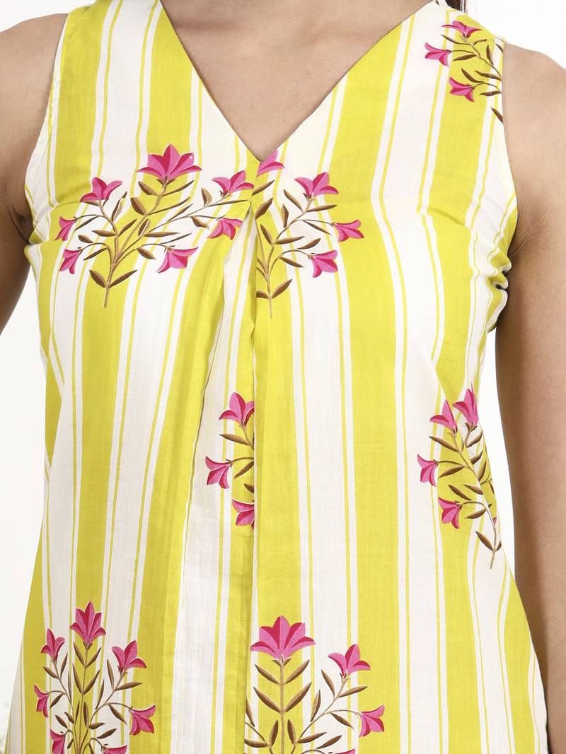 yellow and white striped a-line design kurta trouser dupatta set