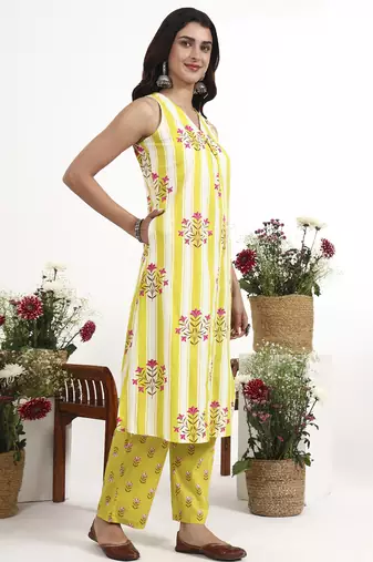 yellow and white striped a-line design kurta trouser dupatta set