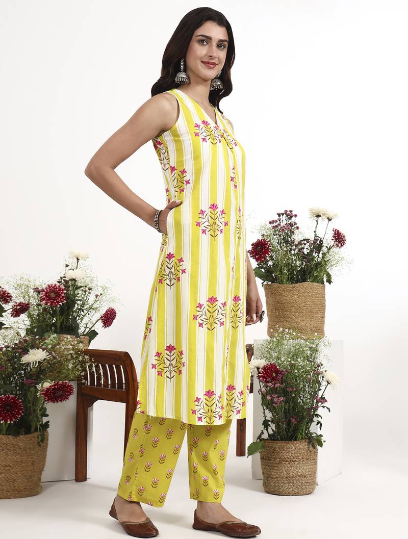 yellow and white striped a-line design kurta trouser dupatta set