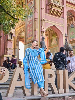 blue and white floral-printed yoke with vertical pintuck detailing kurta trouser dupatta set 1