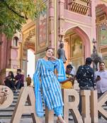 blue and white floral-printed yoke with vertical pintuck detailing kurta trouser dupatta set