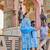 blue and white floral-printed yoke with vertical pintuck detailing kurta trouser dupatta set