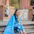 blue and white floral-printed yoke with vertical pintuck detailing kurta trouser dupatta set