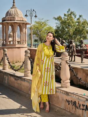 yellow and white floral-printed yoke with vertical pintuck detailing kurta trouser dupatta set 1