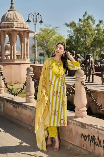 yellow and white floral-printed yoke with vertical pintuck detailing kurta trouser dupatta set