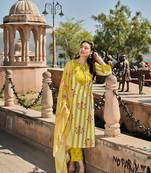 yellow and white floral-printed yoke with vertical pintuck detailing kurta trouser dupatta set