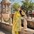 yellow and white floral-printed yoke with vertical pintuck detailing kurta trouser dupatta set