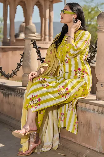 yellow and white floral-printed yoke with vertical pintuck detailing kurta trouser dupatta set