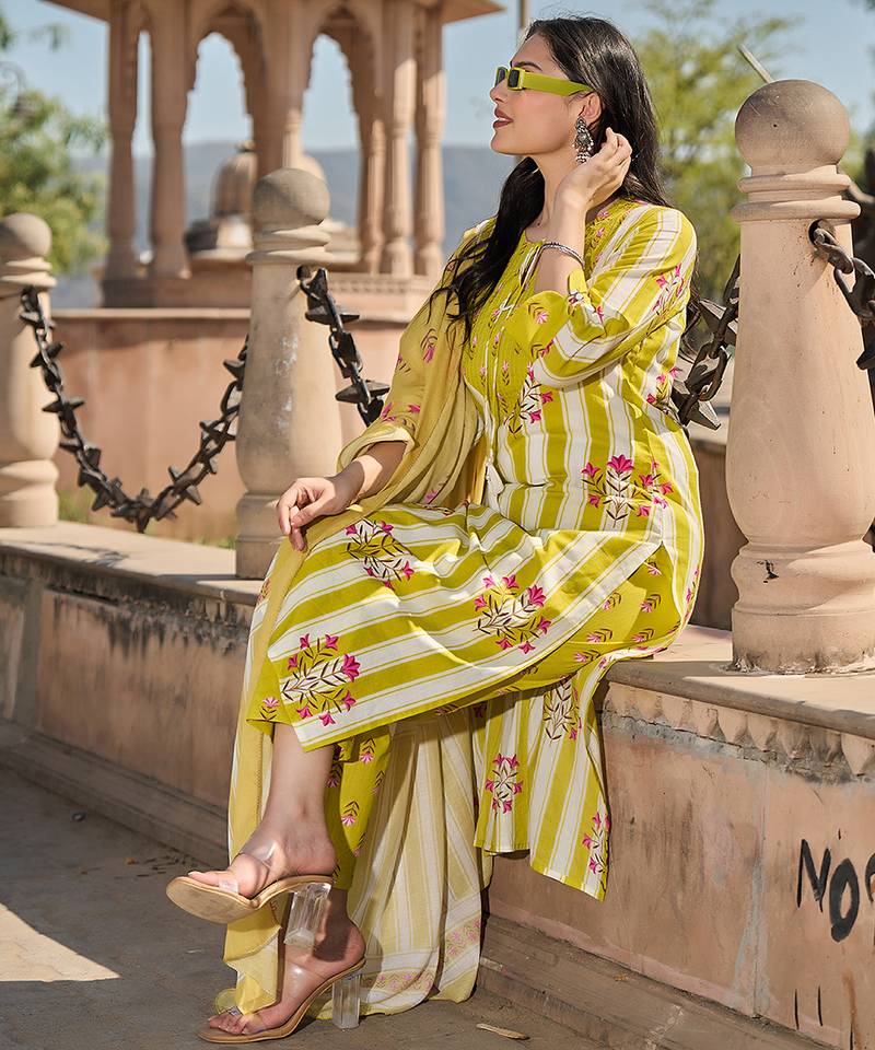 yellow and white floral-printed yoke with vertical pintuck detailing kurta trouser dupatta set