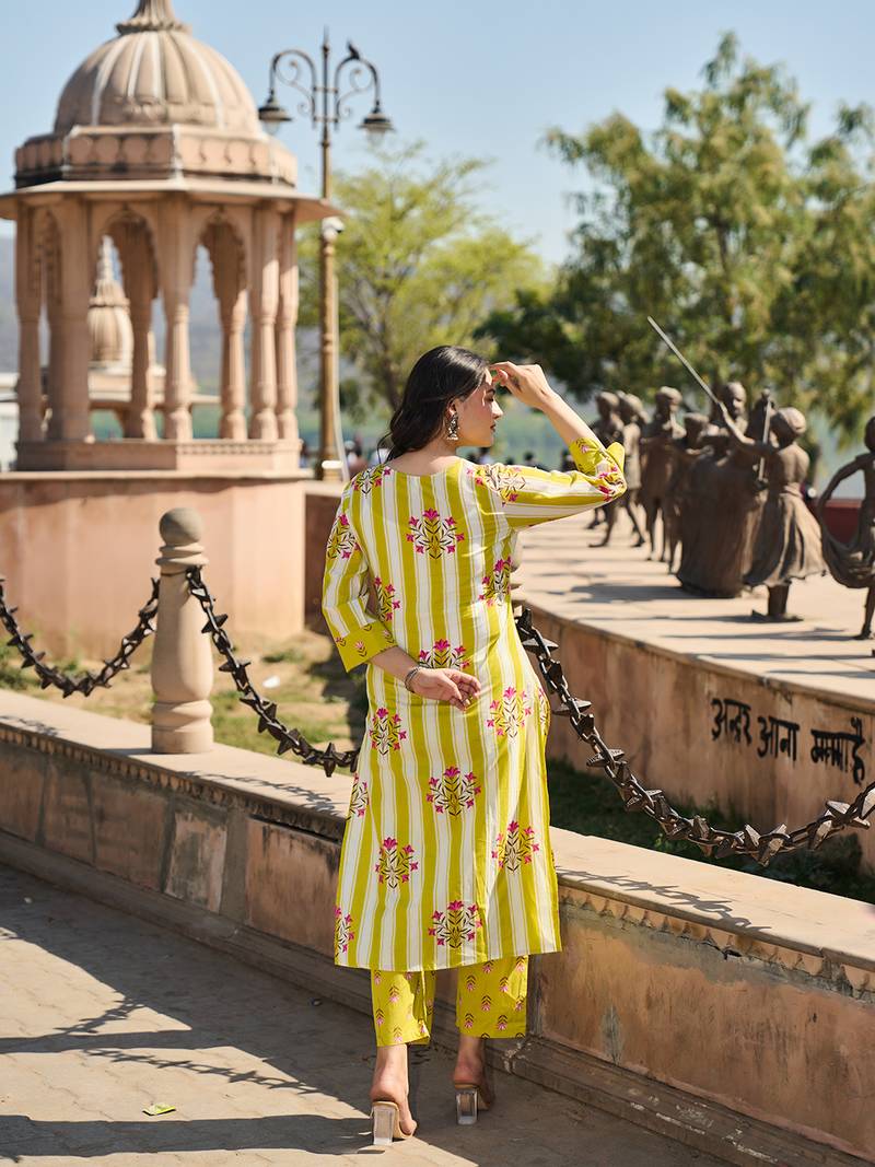 yellow and white floral-printed yoke with vertical pintuck detailing kurta trouser dupatta set