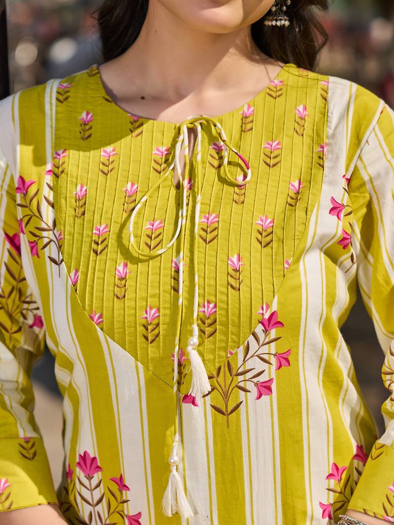 yellow and white floral-printed yoke with vertical pintuck detailing kurta trouser dupatta set