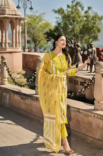 yellow and white floral-printed yoke with vertical pintuck detailing kurta trouser dupatta set