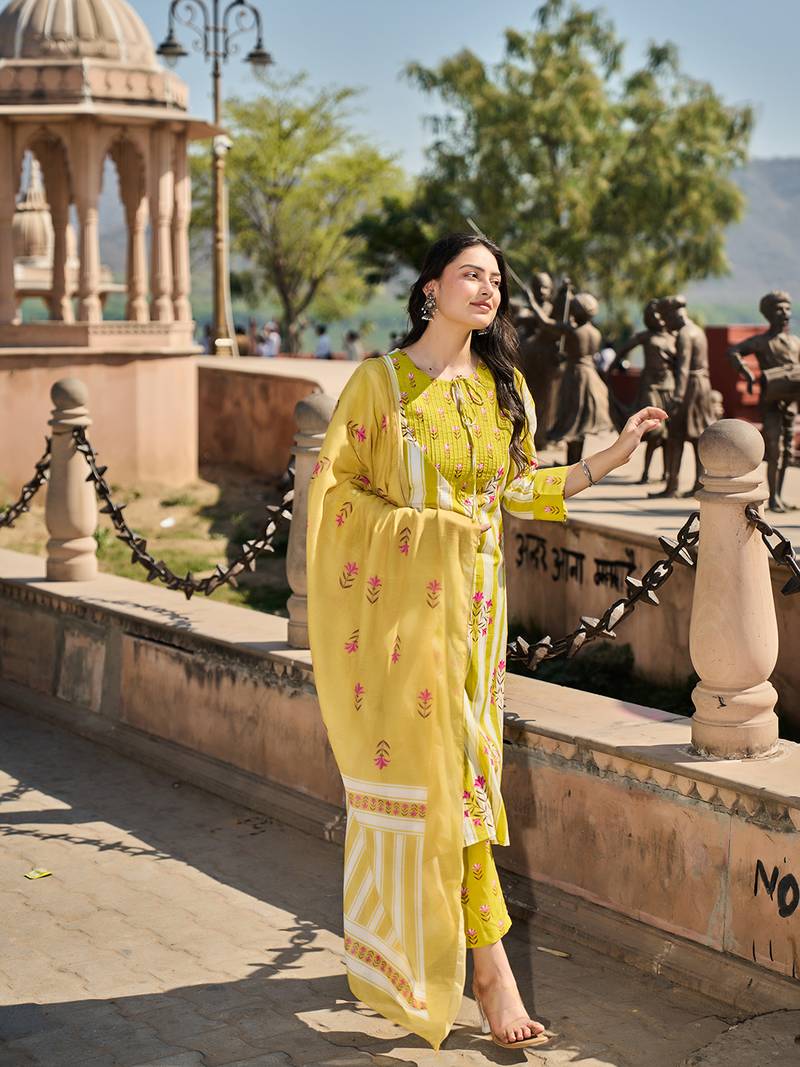 yellow and white floral-printed yoke with vertical pintuck detailing kurta trouser dupatta set