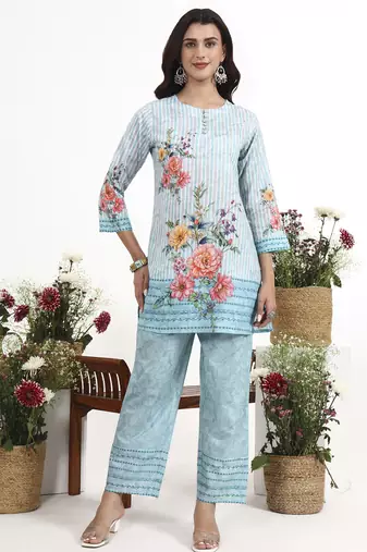 sky blue printed cotton co-ord set
