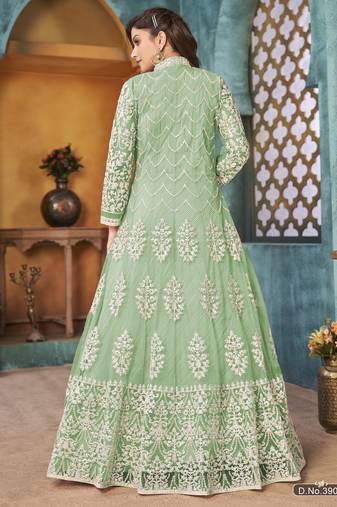 SEA GREEN COLOR CORDING HEAVY SEQUINS NET SEMI STICHED PANT STYLE GOWN