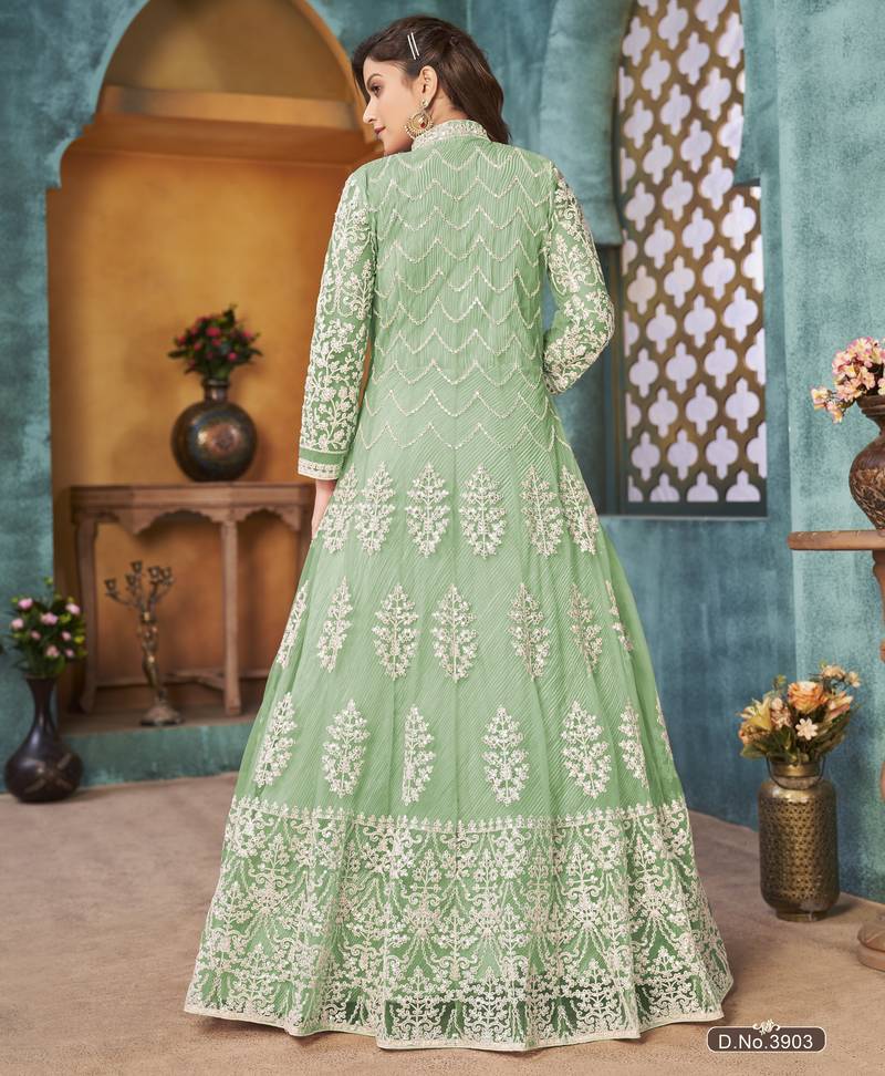 SEA GREEN COLOR CORDING HEAVY SEQUINS NET SEMI STICHED PANT STYLE GOWN