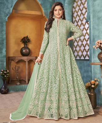 SEA GREEN COLOR CORDING HEAVY SEQUINS NET SEMI STICHED PANT STYLE GOWN 2