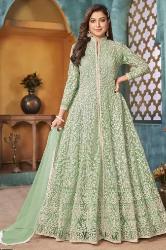 SEA GREEN COLOR CORDING HEAVY SEQUINS NET SEMI STICHED PANT STYLE GOWN