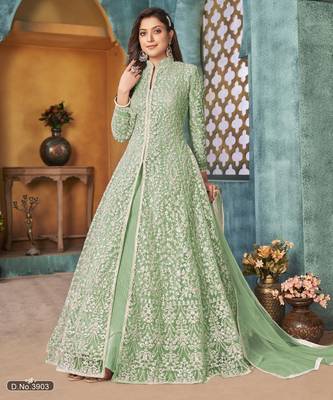 SEA GREEN COLOR CORDING HEAVY SEQUINS NET SEMI STICHED PANT STYLE GOWN 3