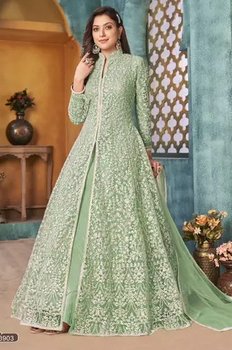 SEA GREEN COLOR CORDING HEAVY SEQUINS NET SEMI STICHED PANT STYLE GOWN