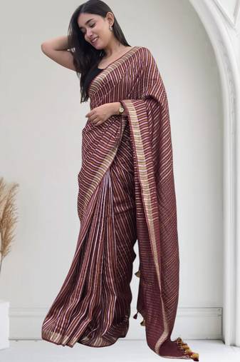 wine striped linen saree