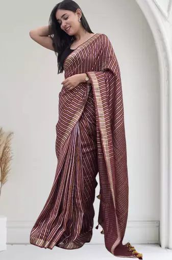 wine striped linen saree