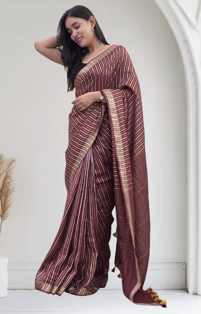 wine striped linen saree