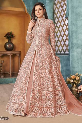 PEACH COLOR CORDING HEAVY SEQUINS NET SEMI STICHED PANT STYLE GOWN