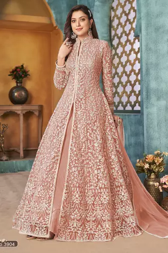 PEACH COLOR CORDING HEAVY SEQUINS NET SEMI STICHED PANT STYLE GOWN
