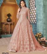 PEACH COLOR CORDING HEAVY SEQUINS NET SEMI STICHED PANT STYLE GOWN