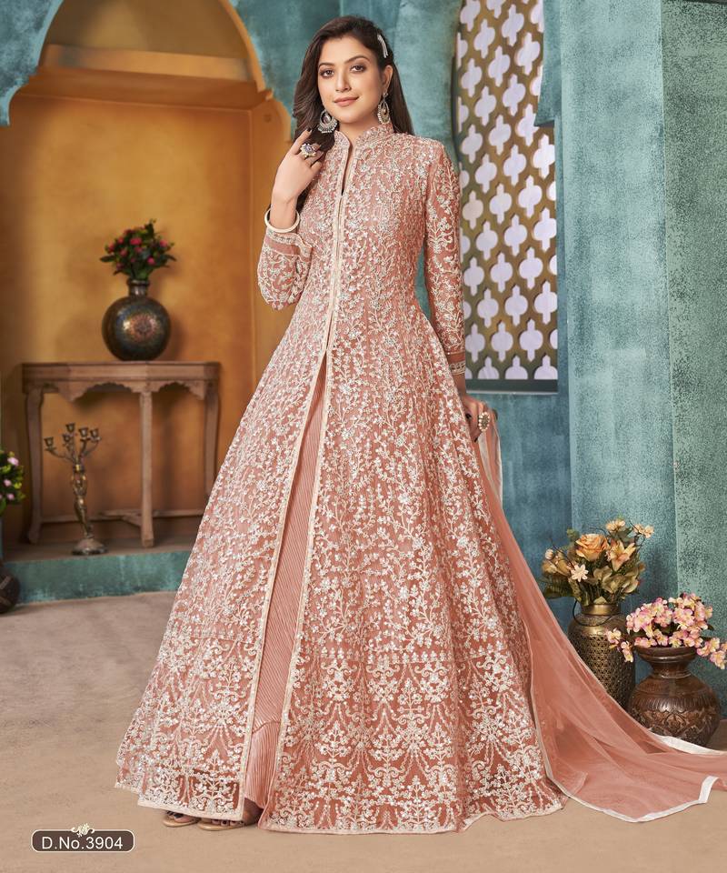 PEACH COLOR CORDING HEAVY SEQUINS NET SEMI STICHED PANT STYLE GOWN