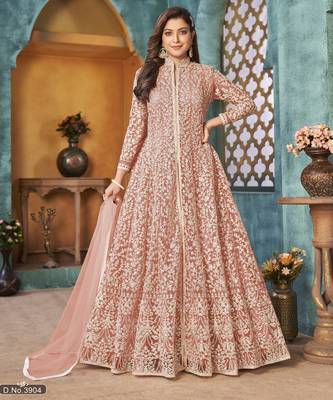 PEACH CORDING HEAVY SEQUINS NET ED PANT STYLE GOWN 2