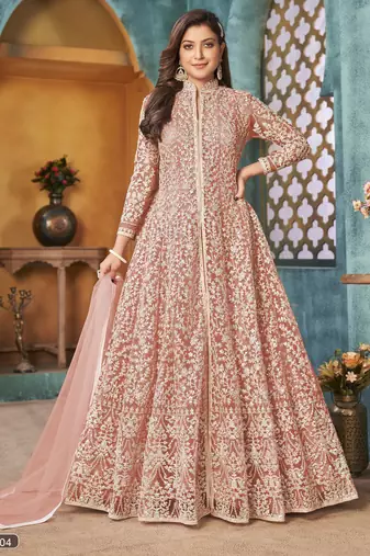 PEACH COLOR CORDING HEAVY SEQUINS NET SEMI STICHED PANT STYLE GOWN