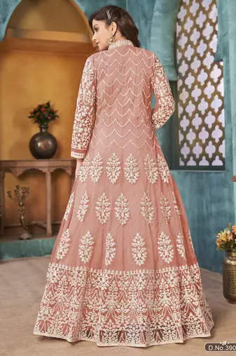 PEACH COLOR CORDING HEAVY SEQUINS NET SEMI STICHED PANT STYLE GOWN