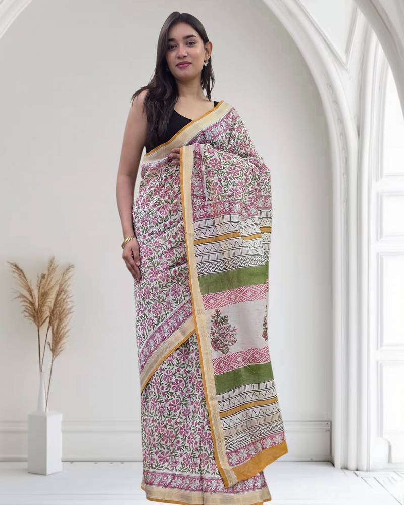 white maheshwari silk saree