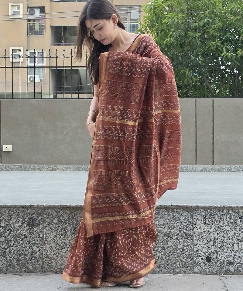 brown maheshwari silk saree