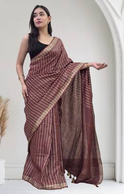 wine striped linen saree 2