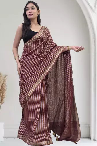 wine striped linen saree